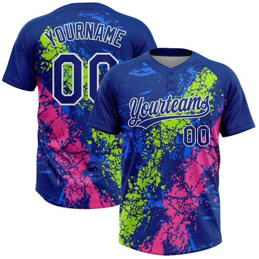 Custom Royal Neon Green Pink-White Dripping Splatter Cracked Texture Two-Button Unisex Softball Jersey - Main View
