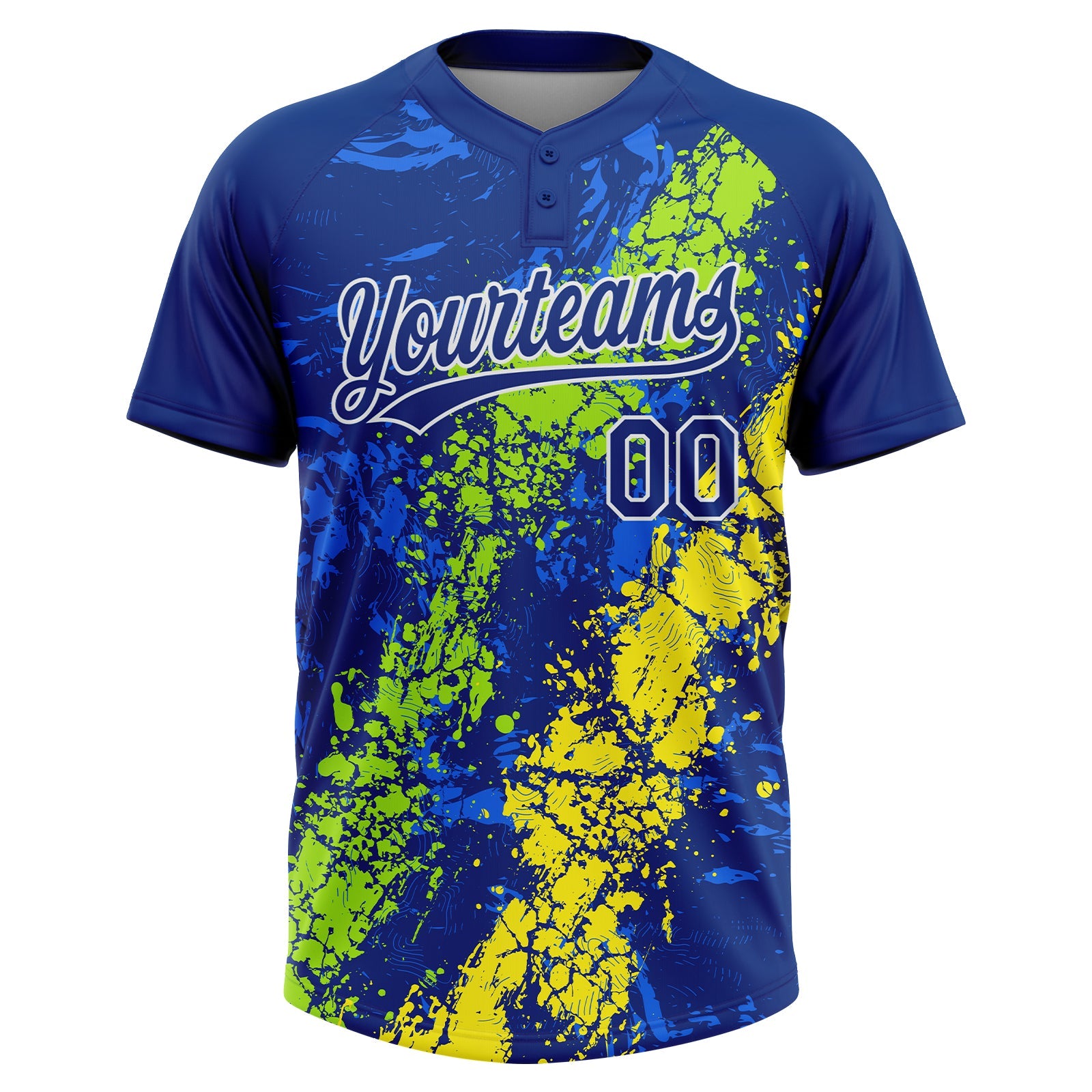 Custom Royal Neon Green Light Yellow-White Dripping Splatter Cracked Texture Two-Button Unisex Softball Jersey view 2