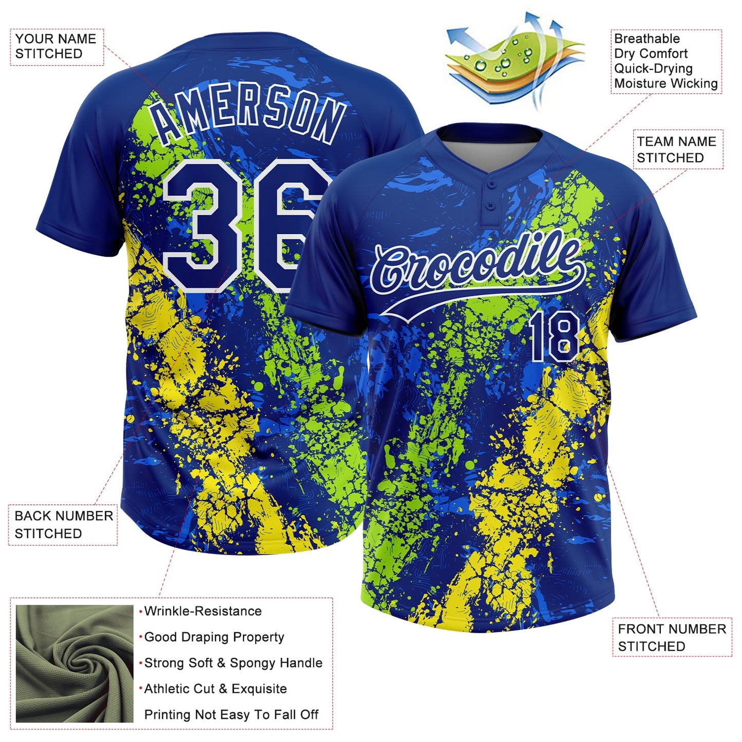 Custom Royal Neon Green Light Yellow-White Dripping Splatter Cracked Texture Two-Button Unisex Softball Jersey view 3
