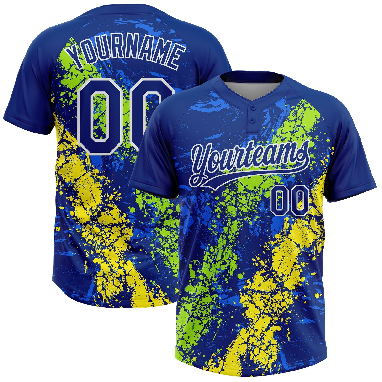 Custom Royal Neon Green Light Yellow-White Dripping Splatter Cracked Texture Two-Button Unisex Softball Jersey - Main View
