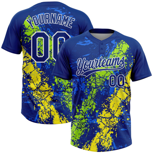 Custom Royal Neon Green Light Yellow-White Dripping Splatter Cracked Texture Two-Button Unisex Softball Jersey - Main View