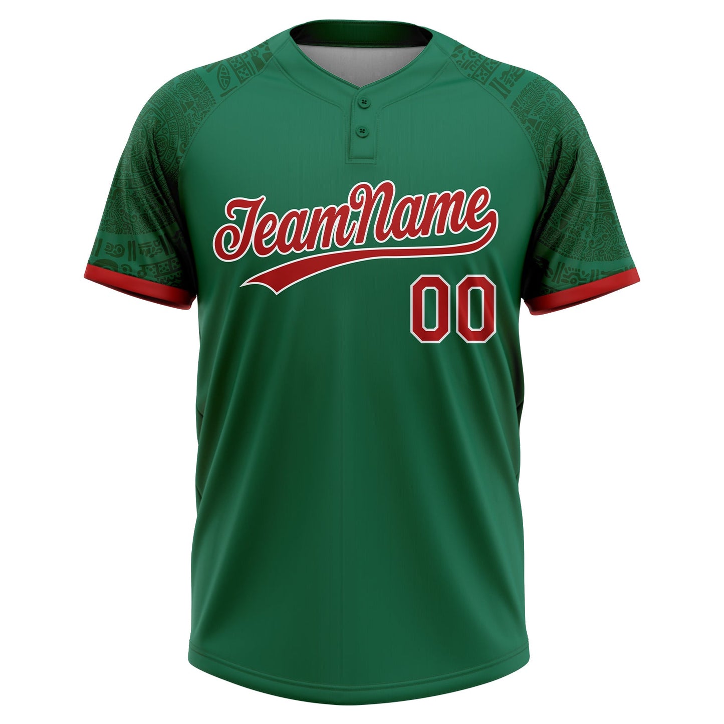 Custom Kelly Green Red-White Ethnic Aztec Mexican Heritage Two-Button Unisex Softball Jersey view 2
