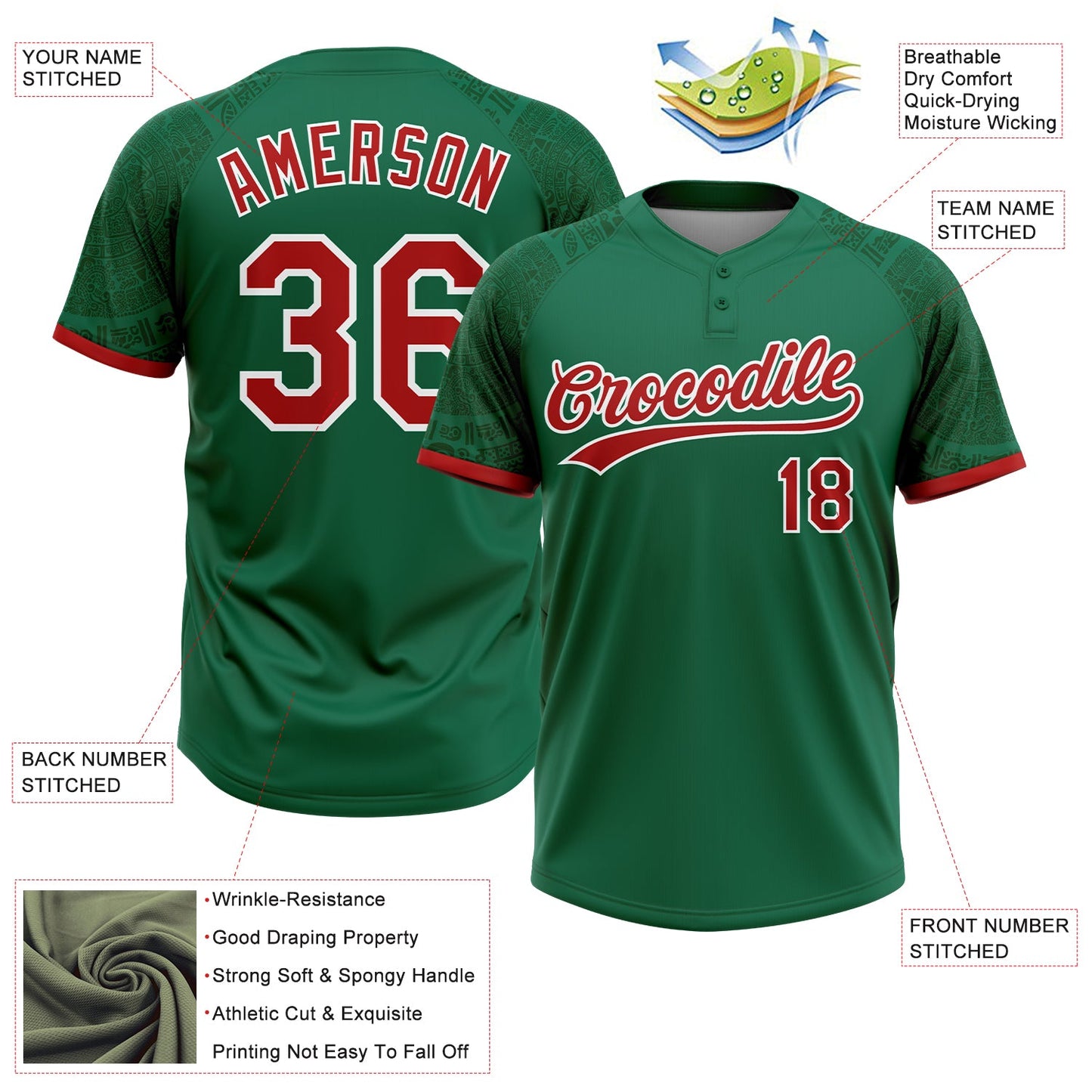 Custom Kelly Green Red-White Ethnic Aztec Mexican Heritage Two-Button Unisex Softball Jersey view 3