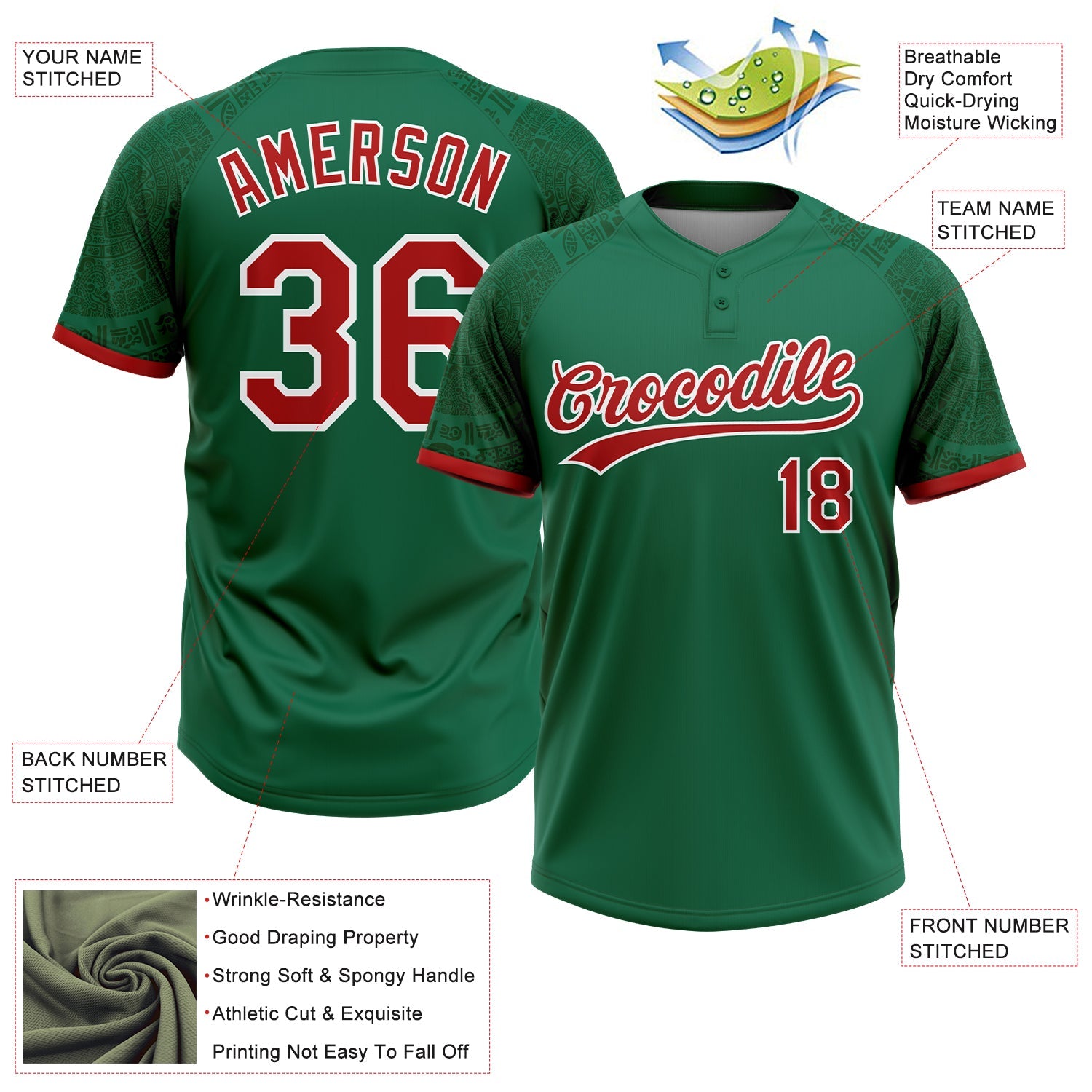 Custom Kelly Green Red-White Ethnic Aztec Mexican Heritage Two-Button Unisex Softball Jersey view 3