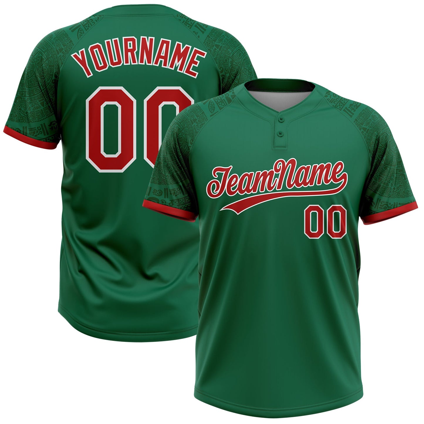 Custom Kelly Green Red-White Ethnic Aztec Mexican Heritage Two-Button Unisex Softball Jersey - Main View