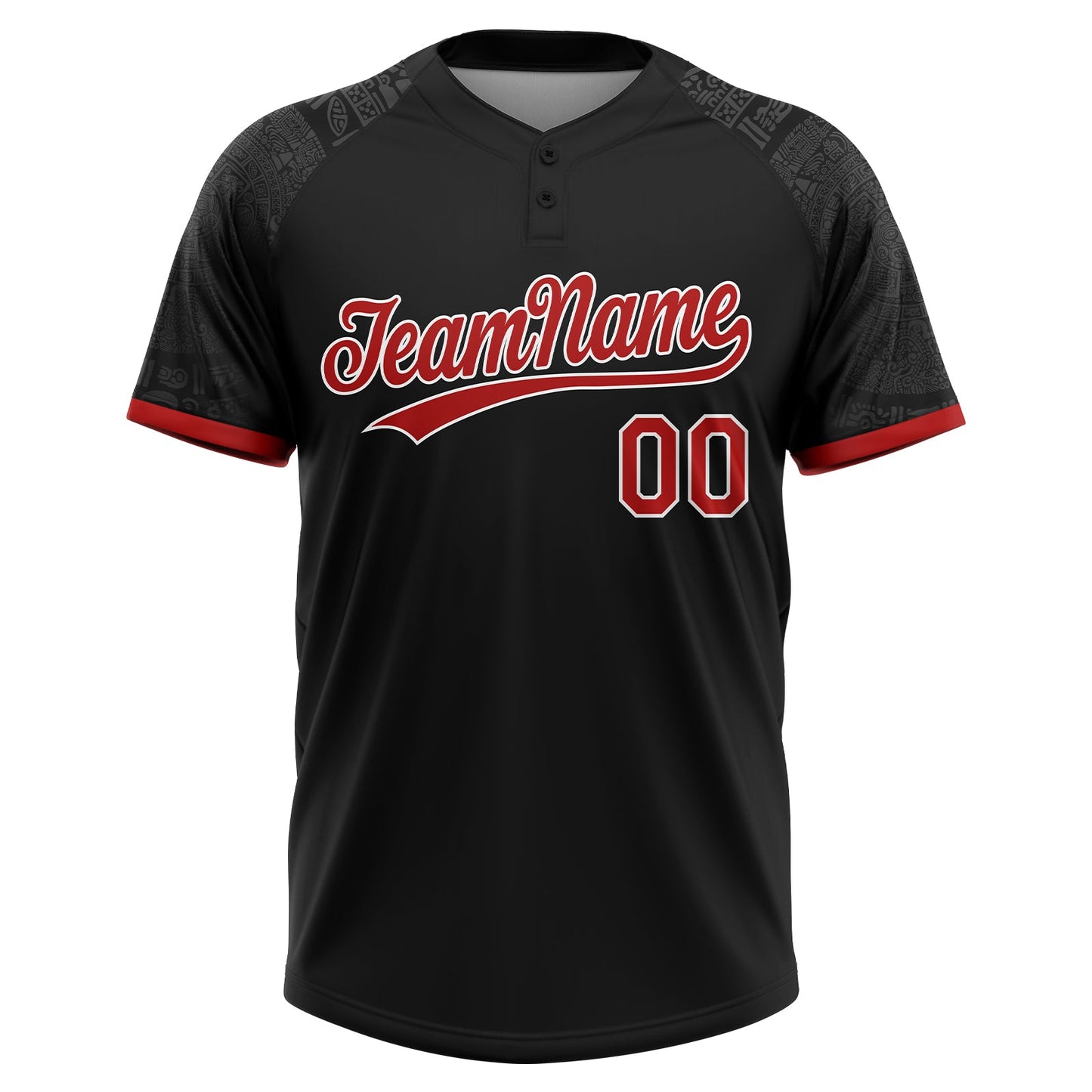 Custom Black Red-White Ethnic Aztec Mexican Heritage Two-Button Unisex Softball Jersey view 2