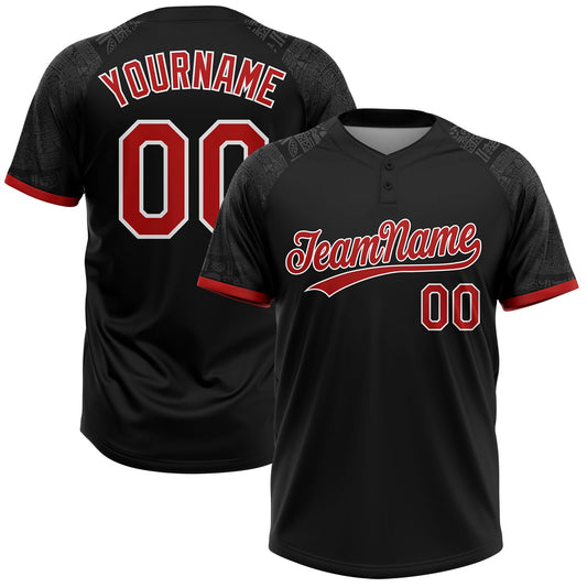 Custom Black Red-White Ethnic Aztec Mexican Heritage Two-Button Unisex Softball Jersey - Main View
