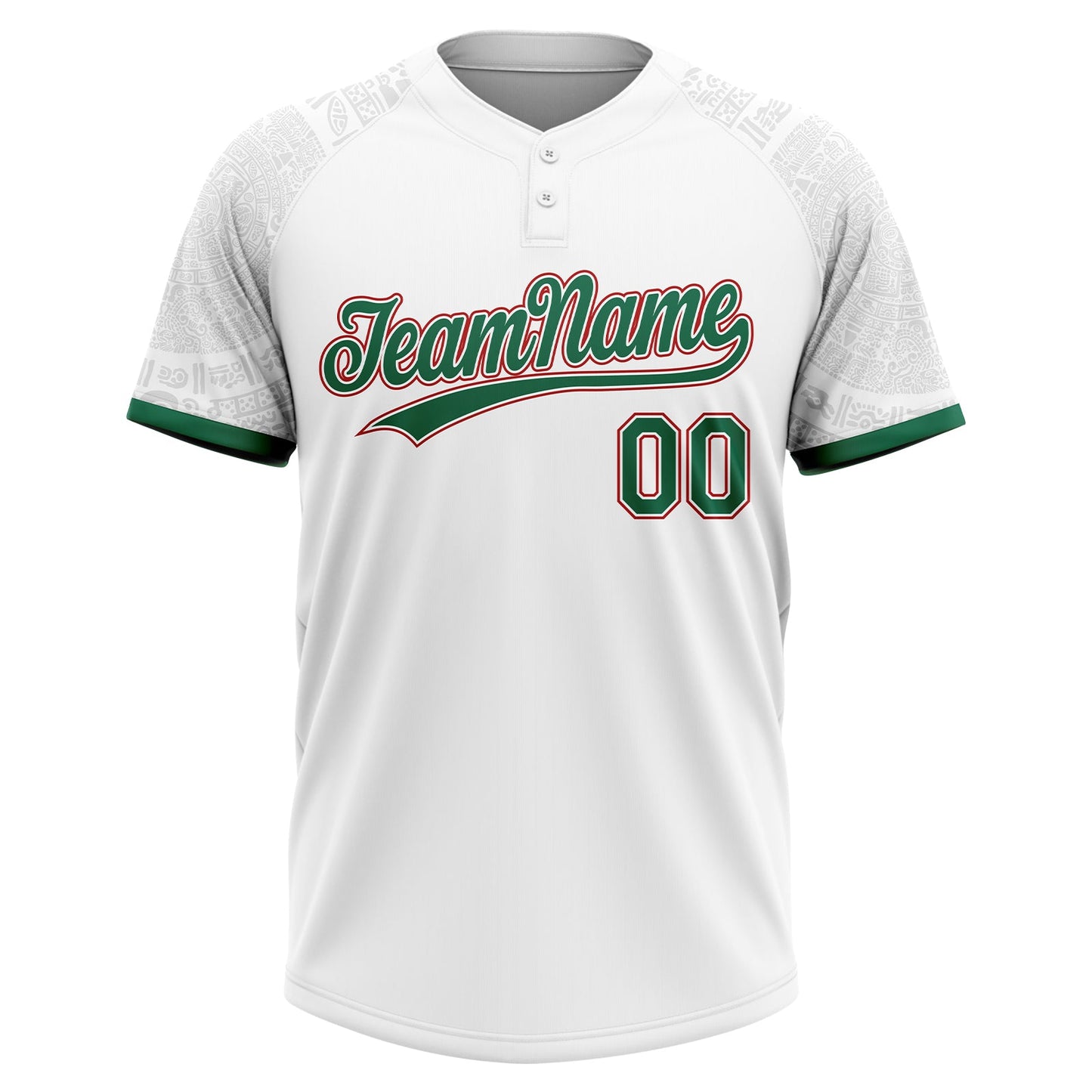 Custom White Kelly Green-Red Ethnic Aztec Mexican Heritage Two-Button Unisex Softball Jersey view 2