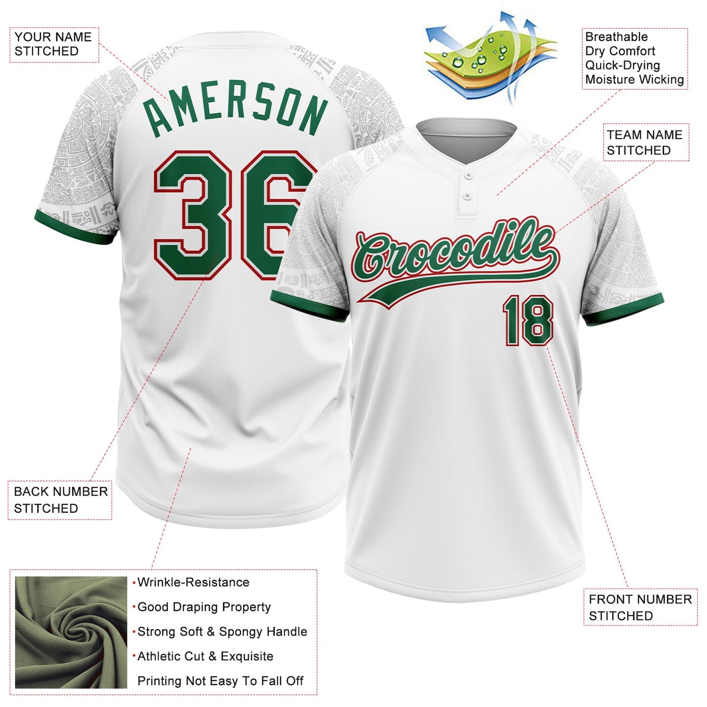 Custom White Kelly Green-Red Ethnic Aztec Mexican Heritage Two-Button Unisex Softball Jersey view 3