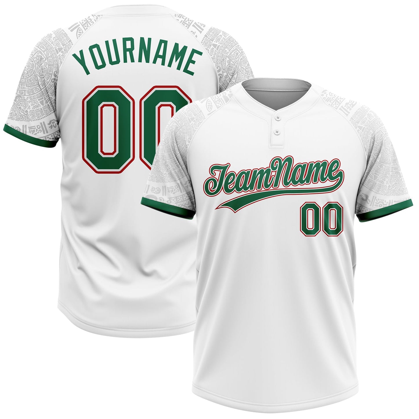 Custom White Kelly Green-Red Ethnic Aztec Mexican Heritage Two-Button Unisex Softball Jersey - Main View