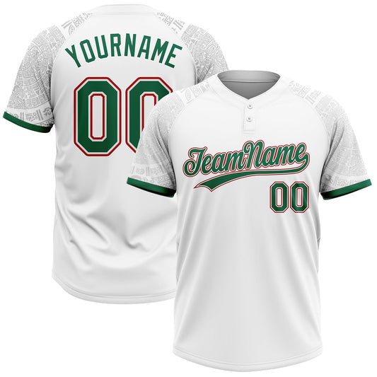 Custom White Kelly Green-Red Ethnic Aztec Mexican Heritage Two-Button Unisex Softball Jersey - Main View