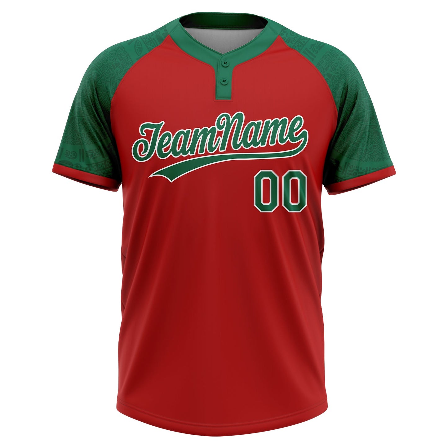 Custom Red Kelly Green-White Ethnic Aztec Mexican Heritage Two-Button Unisex Softball Jersey view 2