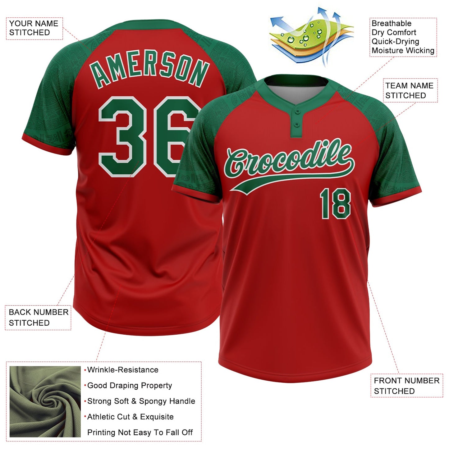 Custom Red Kelly Green-White Ethnic Aztec Mexican Heritage Two-Button Unisex Softball Jersey view 3