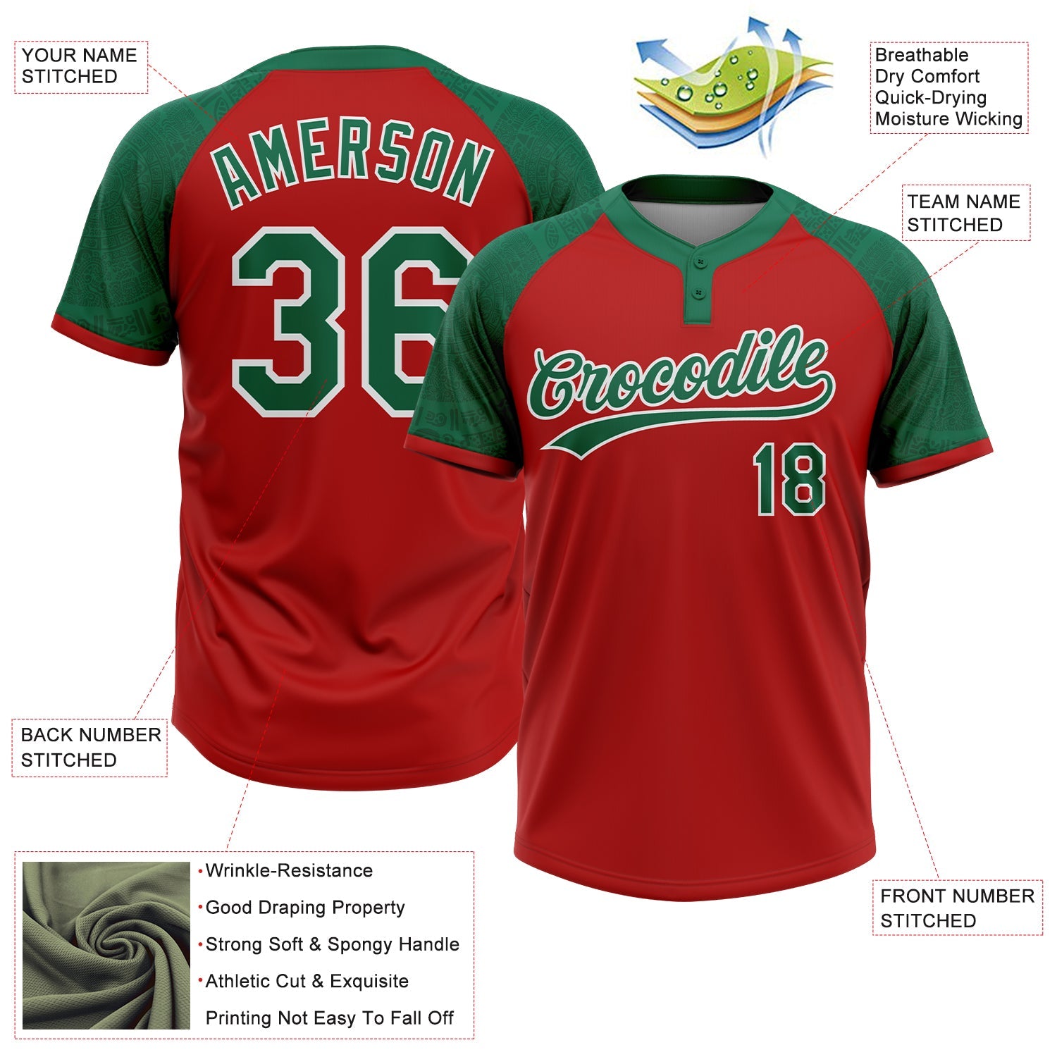 Custom Red Kelly Green-White Ethnic Aztec Mexican Heritage Two-Button Unisex Softball Jersey view 3