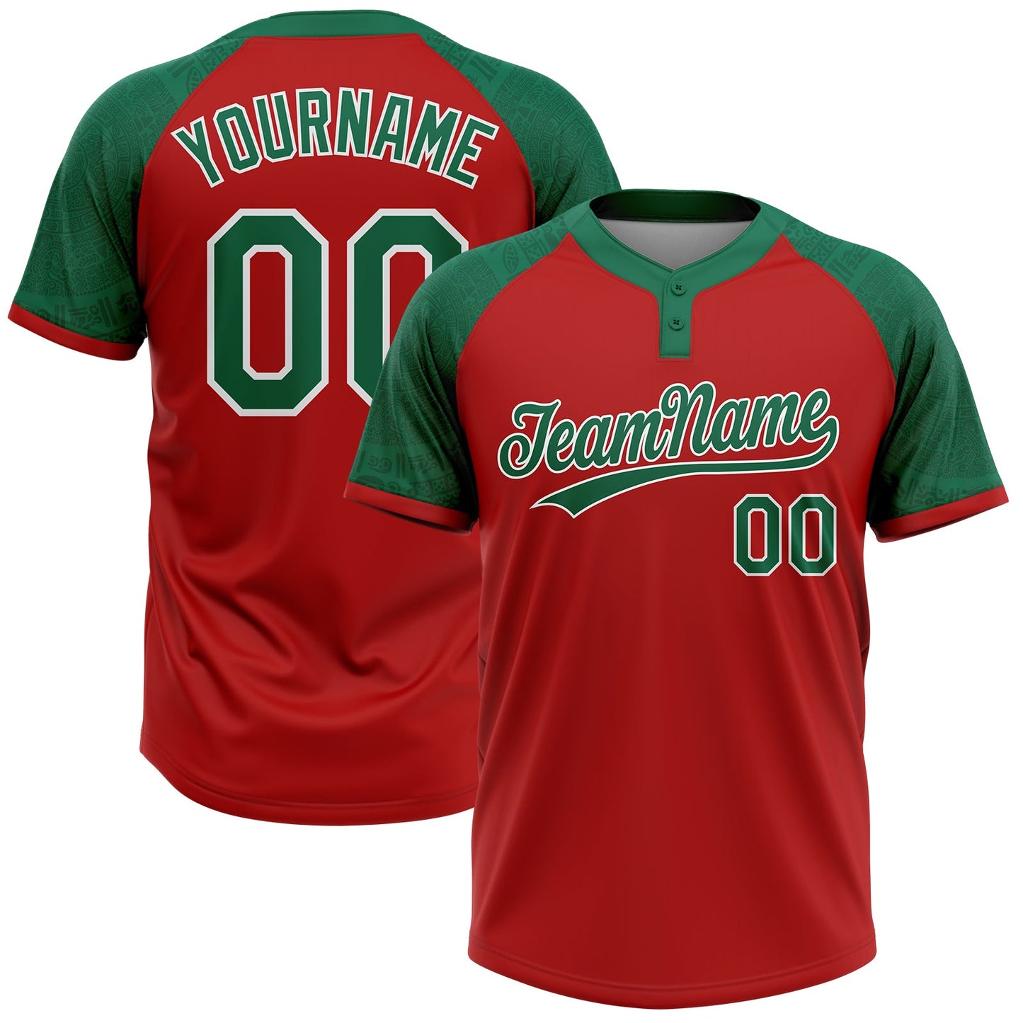 Custom Red Kelly Green-White Ethnic Aztec Mexican Heritage Two-Button Unisex Softball Jersey - Main View