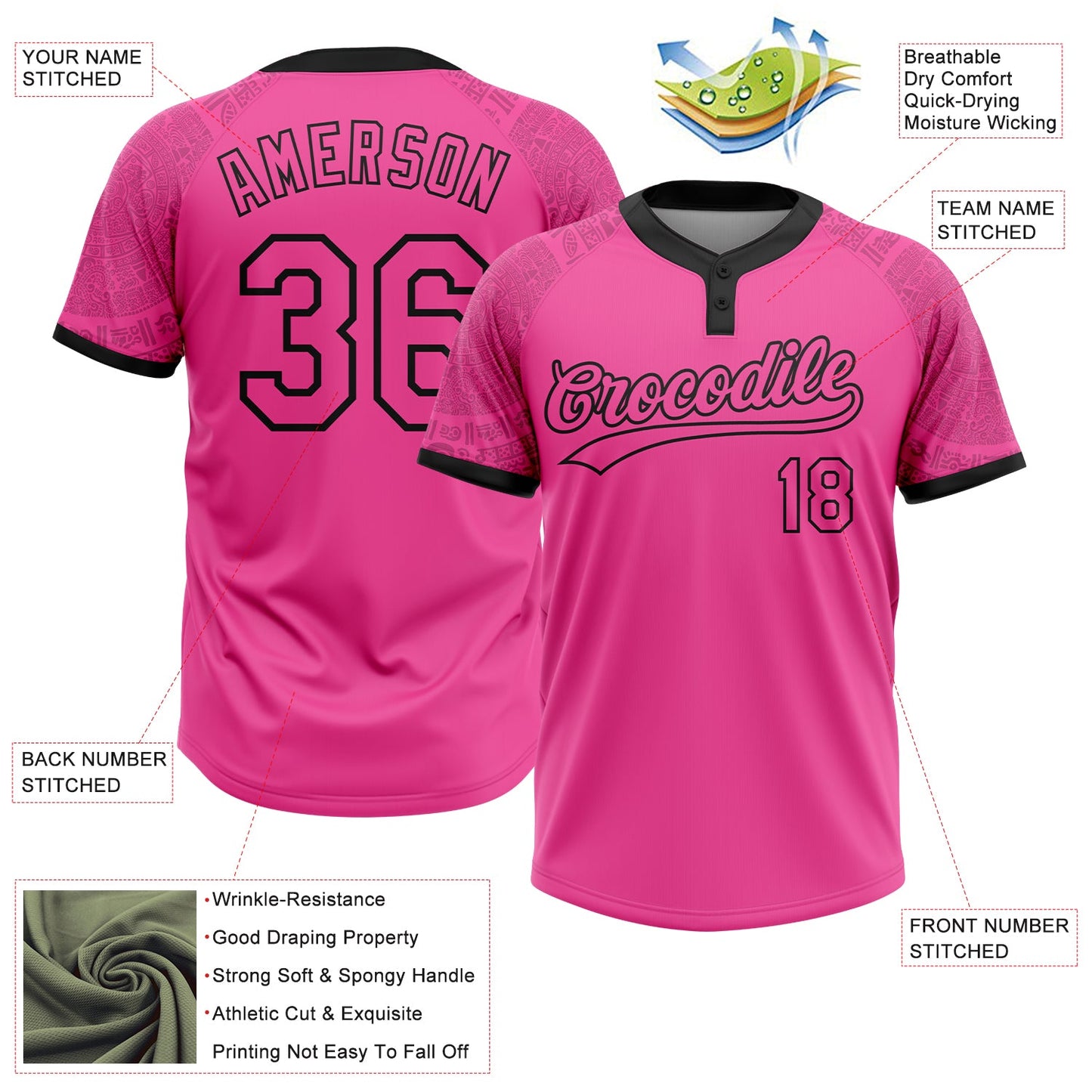 Custom Pink Black Ethnic Aztec Mexican Heritage Two-Button Unisex Softball Jersey view 3