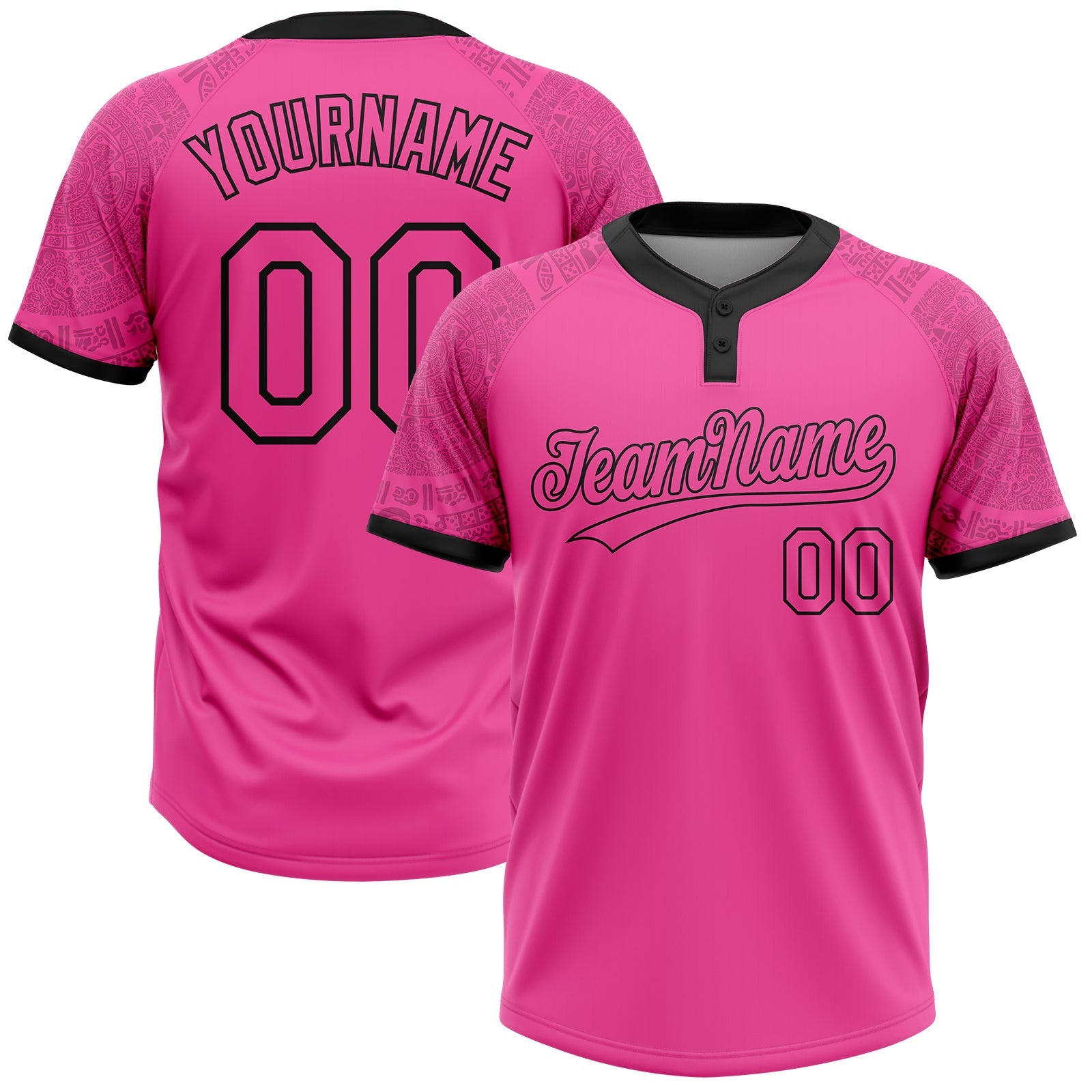 Custom Pink Black Ethnic Aztec Mexican Heritage Two-Button Unisex Softball Jersey - Main View
