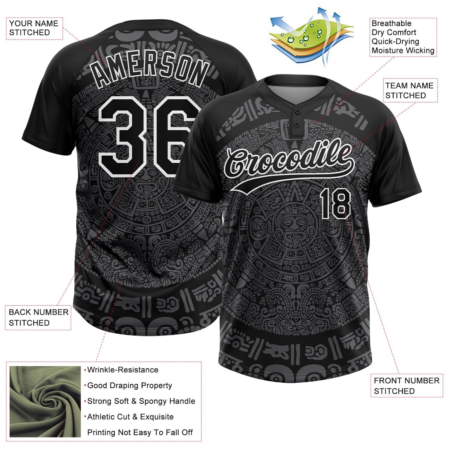 Custom Black Steel Gray-White Ethnic Aztec Mexican Heritage Two-Button Unisex Softball Jersey view 3