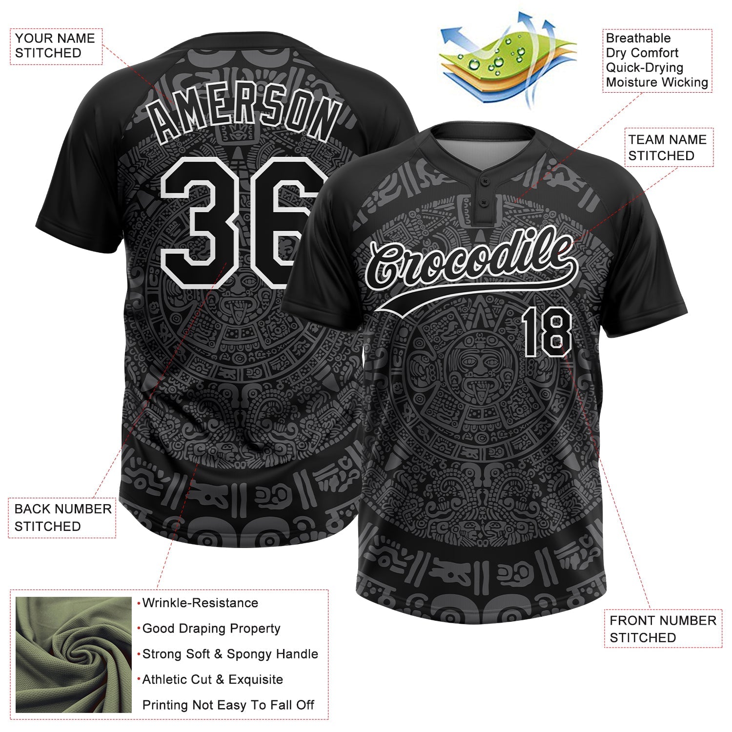 Custom Black Steel Gray-White Ethnic Aztec Mexican Heritage Two-Button Unisex Softball Jersey view 3