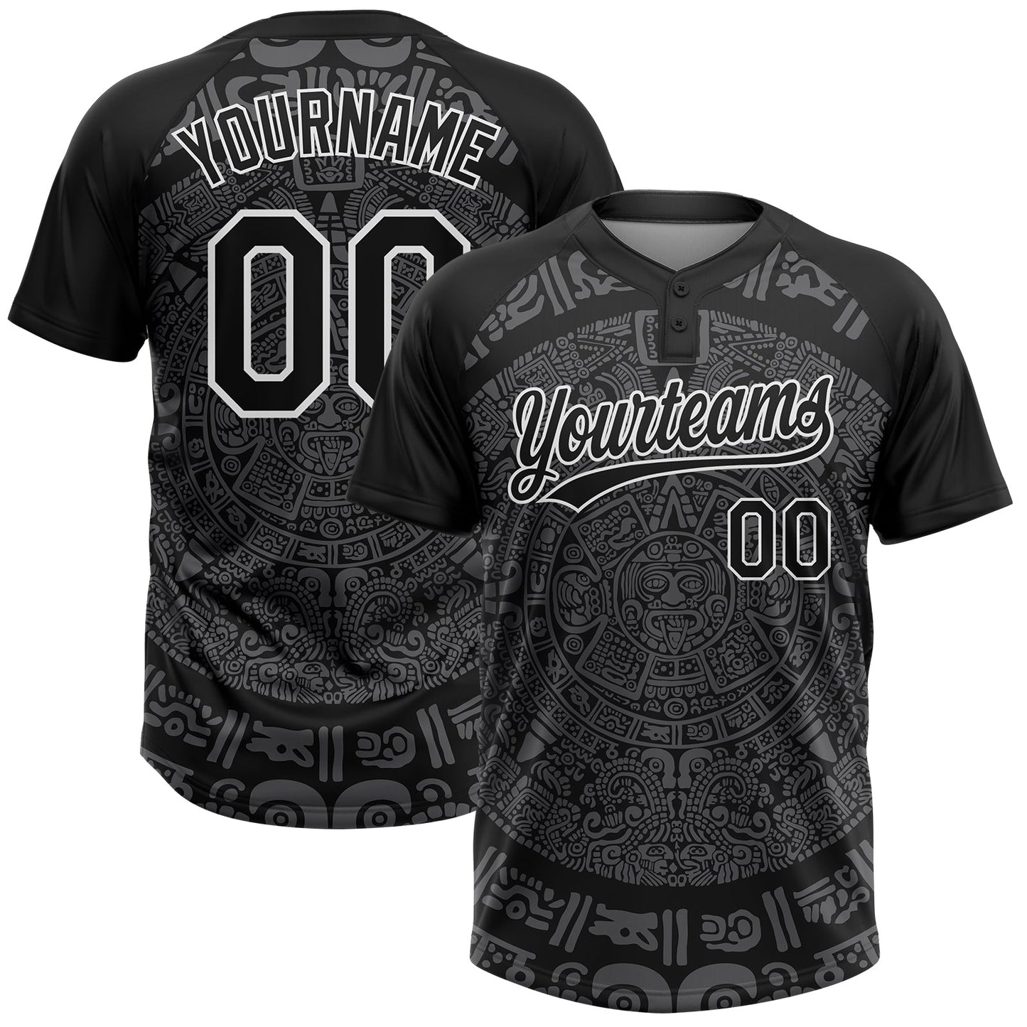 Custom Black Steel Gray-White Ethnic Aztec Mexican Heritage Two-Button Unisex Softball Jersey - Main View
