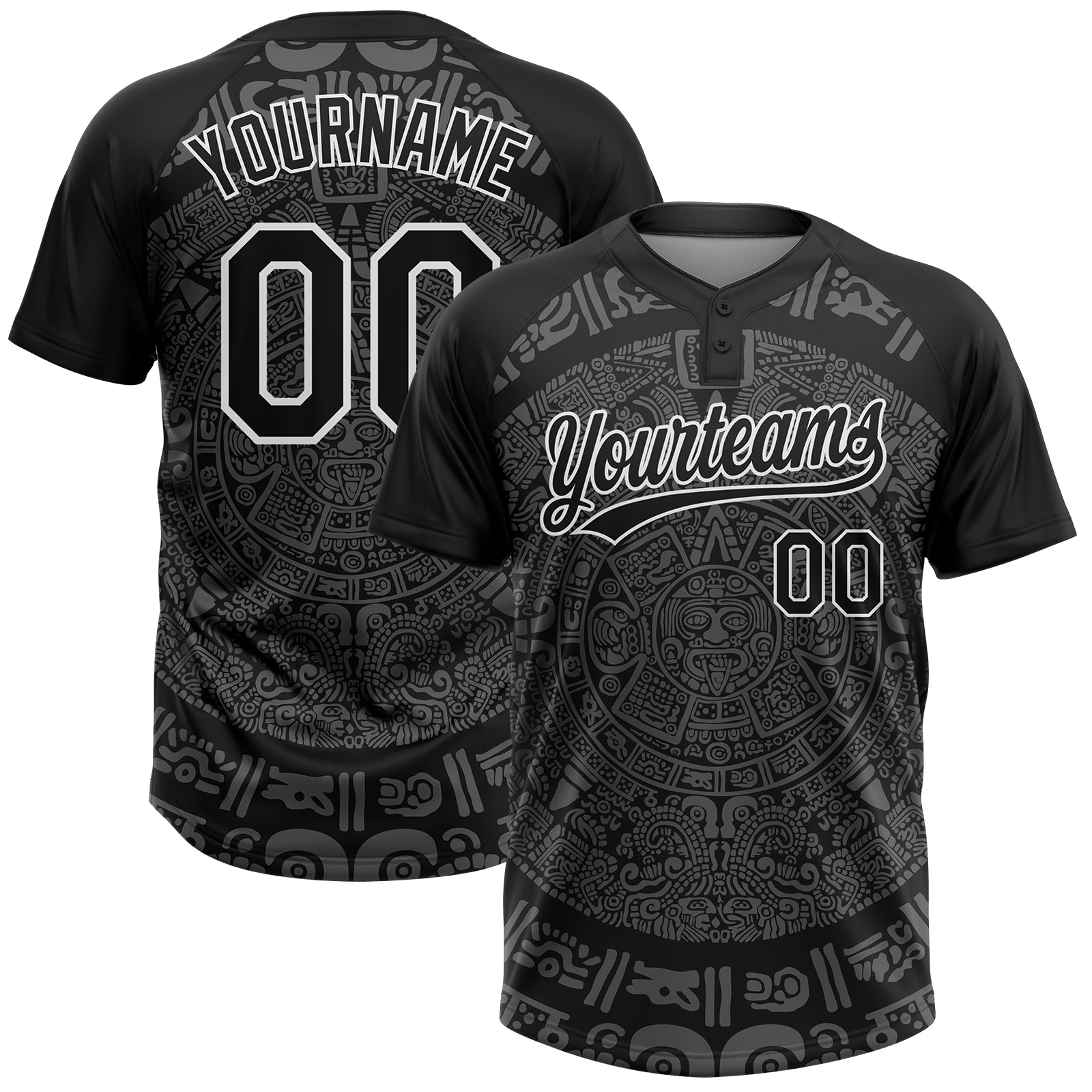 Custom Black Steel Gray-White Ethnic Aztec Mexican Heritage Two-Button Unisex Softball Jersey - Main View