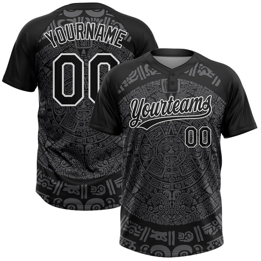 Custom Black Steel Gray-White Ethnic Aztec Mexican Heritage Two-Button Unisex Softball Jersey - Main View