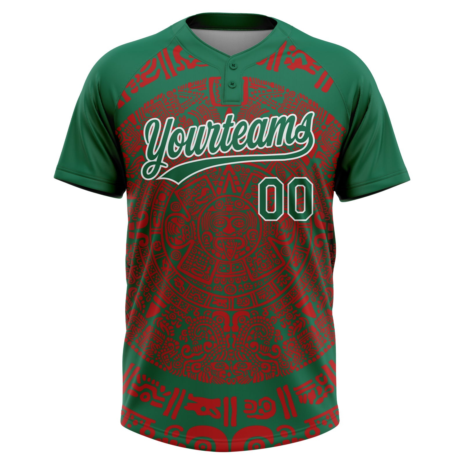 Custom Kelly Green Red-White Ethnic Aztec Mexican Heritage Two-Button Unisex Softball Jersey view 2