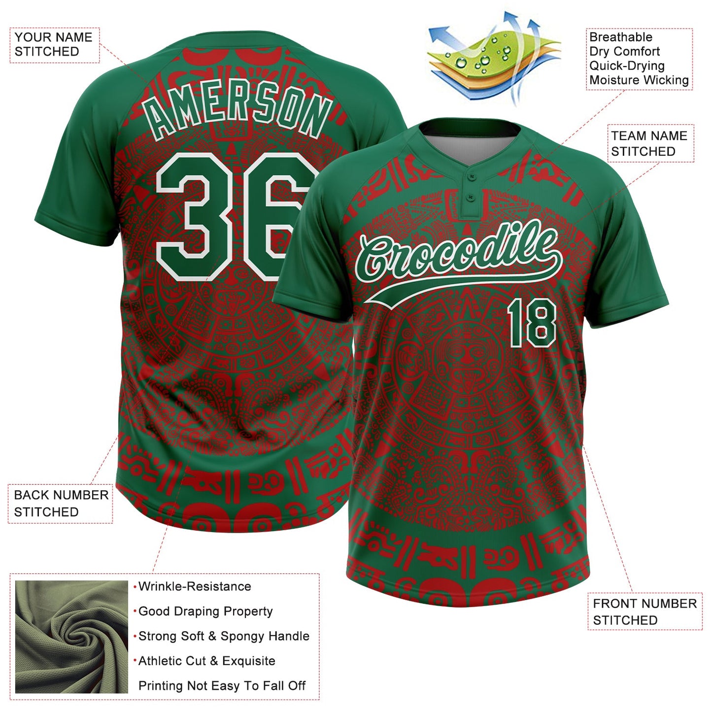 Custom Kelly Green Red-White Ethnic Aztec Mexican Heritage Two-Button Unisex Softball Jersey view 3
