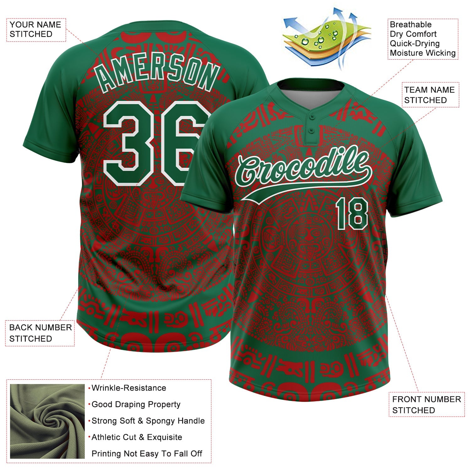 Custom Kelly Green Red-White Ethnic Aztec Mexican Heritage Two-Button Unisex Softball Jersey view 3