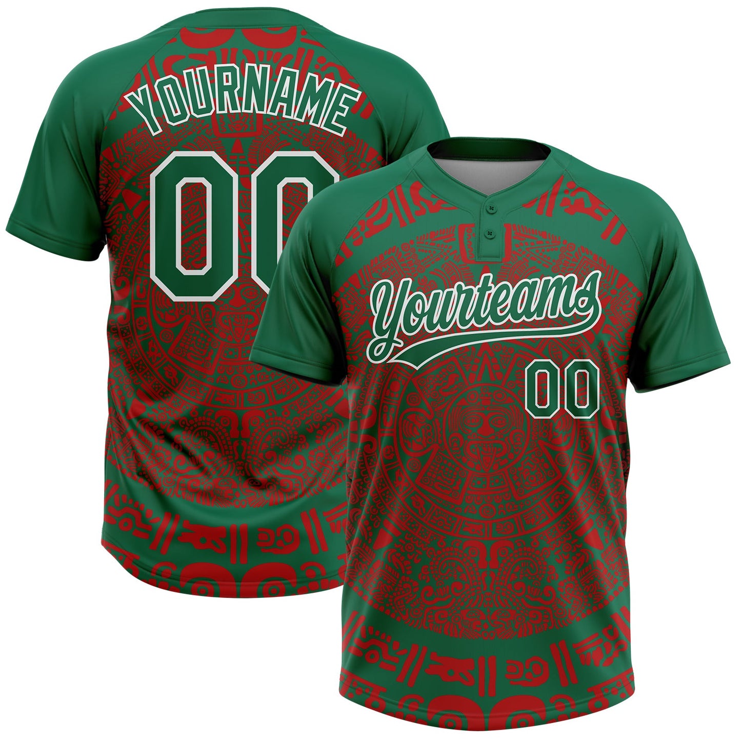 Custom Kelly Green Red-White Ethnic Aztec Mexican Heritage Two-Button Unisex Softball Jersey - Main View