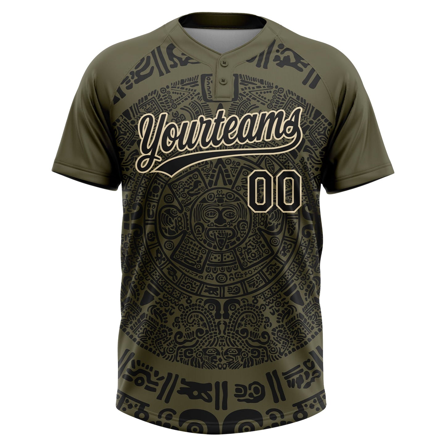 Custom Olive Black-Cream Ethnic Aztec Mexican Heritage Two-Button Unisex Softball Jersey view 2