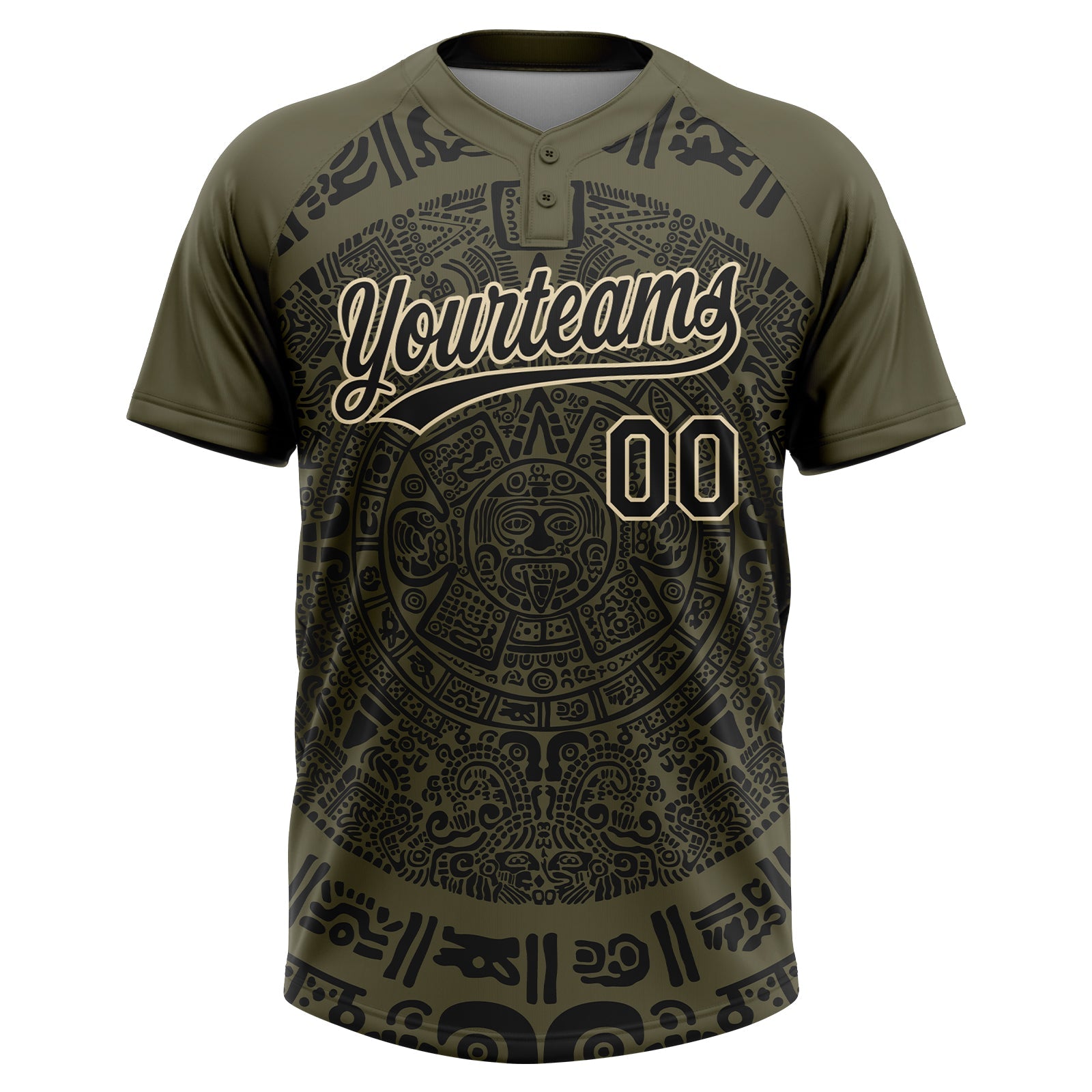 Custom Olive Black-Cream Ethnic Aztec Mexican Heritage Two-Button Unisex Softball Jersey view 2