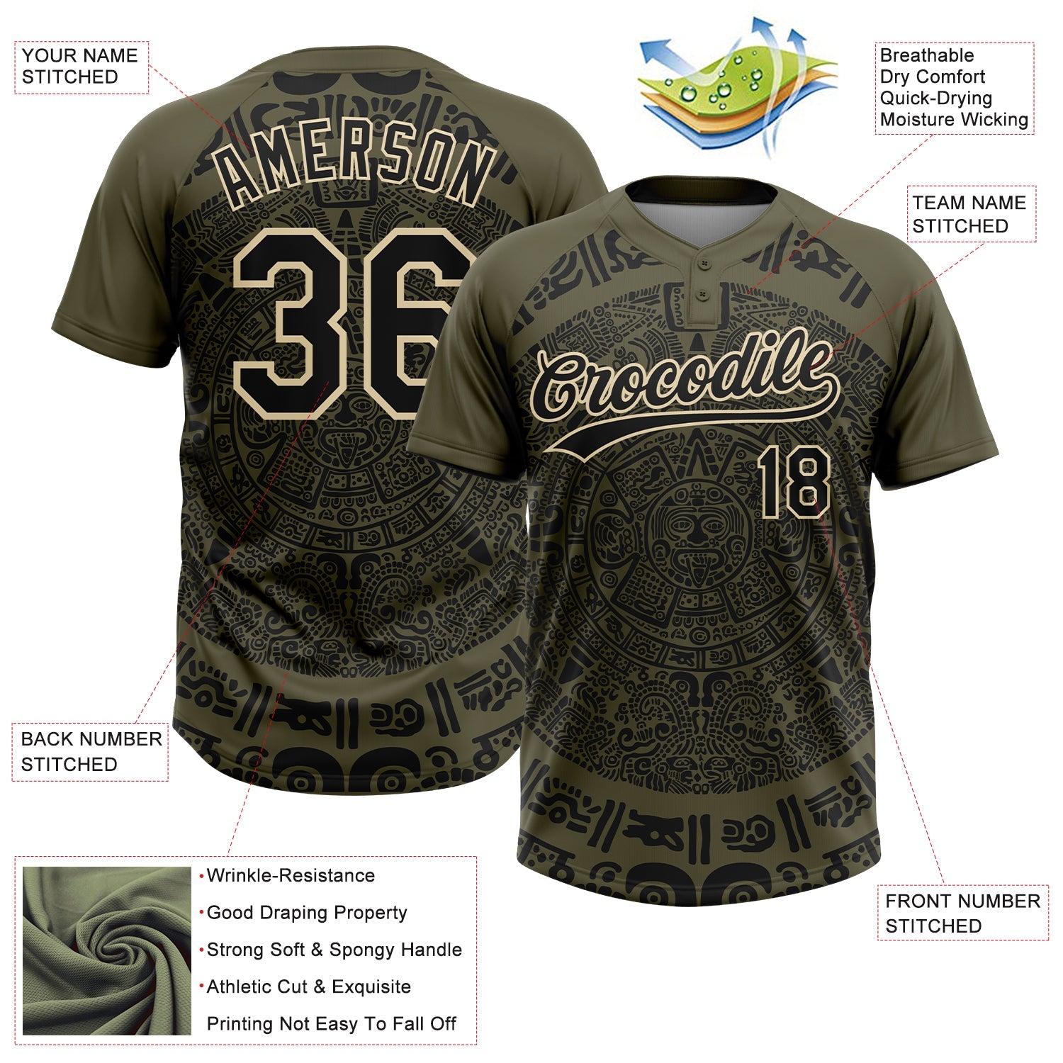 Custom Olive Black-Cream Ethnic Aztec Mexican Heritage Two-Button Unisex Softball Jersey view 3