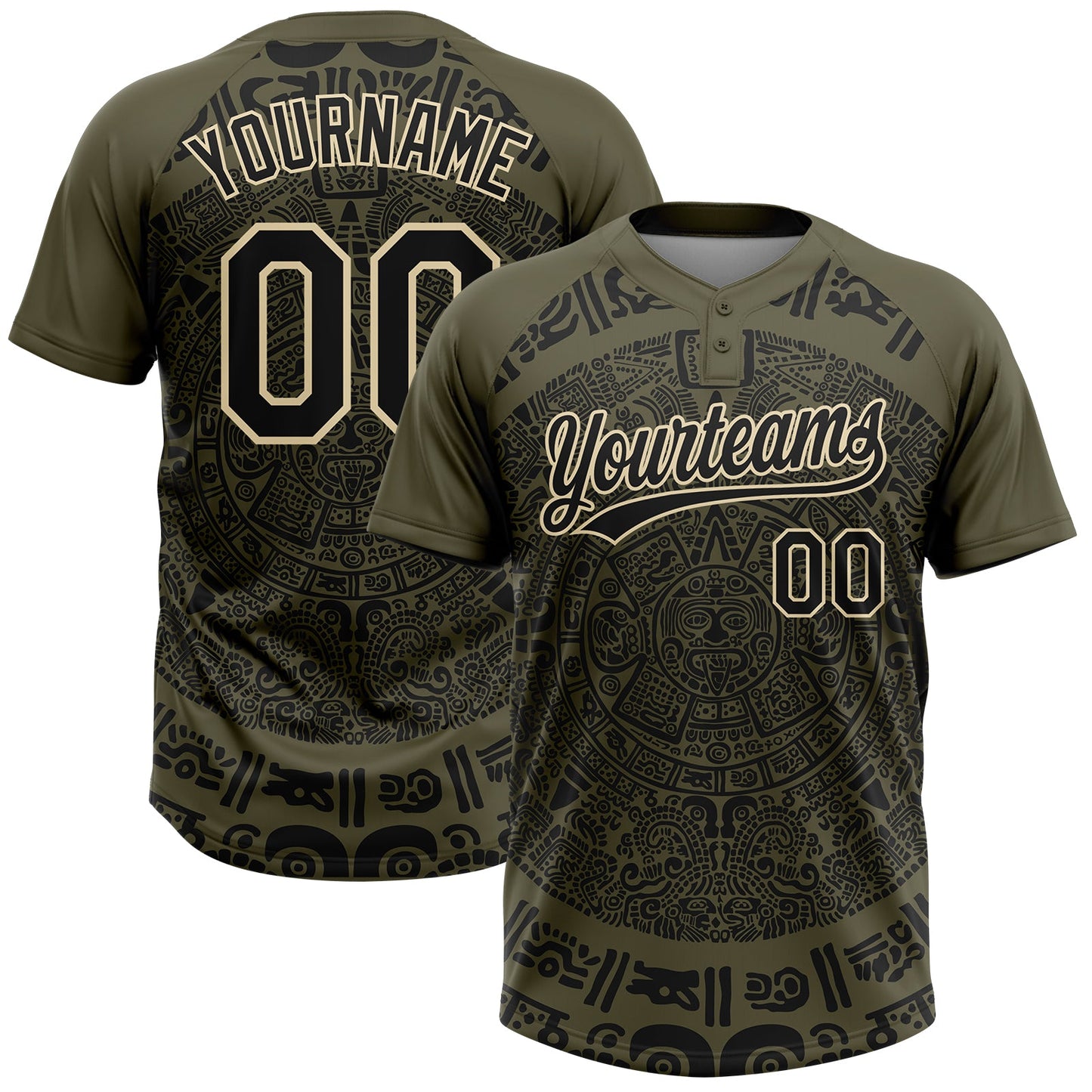 Custom Olive Black-Cream Ethnic Aztec Mexican Heritage Two-Button Unisex Softball Jersey - Main View