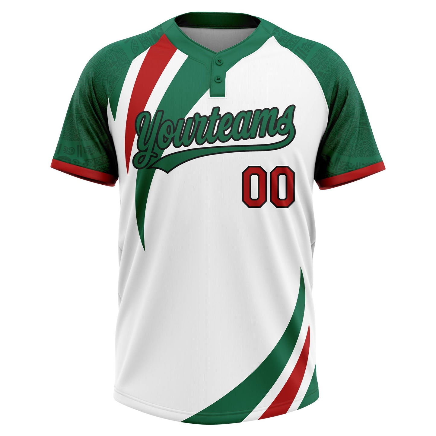 Custom White Red Kelly Green-Black Mexico Two-Button Unisex Softball Jersey view 2