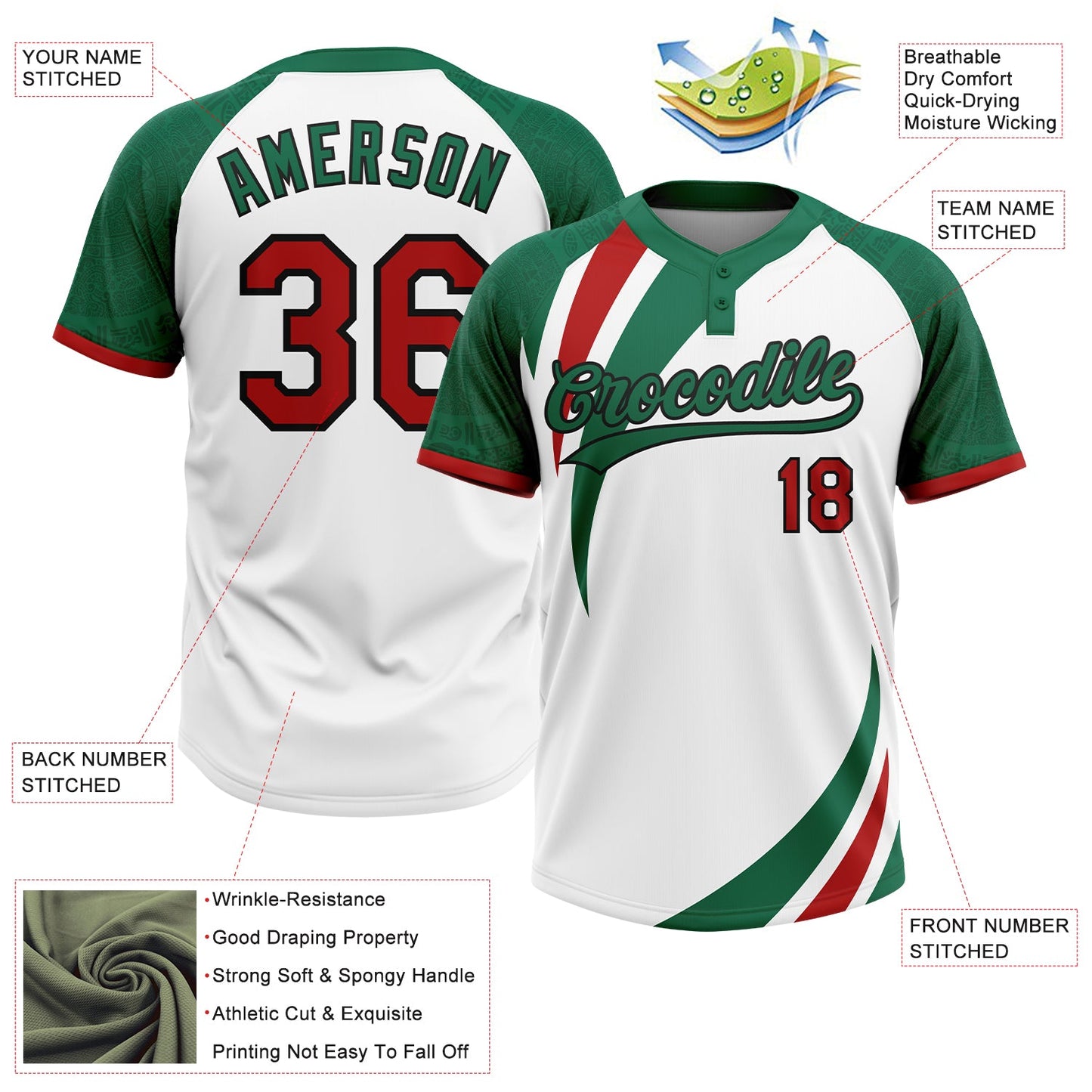 Custom White Red Kelly Green-Black Mexico Two-Button Unisex Softball Jersey view 3