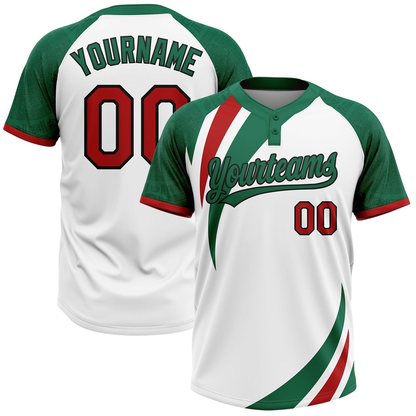 Custom White Red Kelly Green-Black Mexico Two-Button Unisex Softball Jersey - Main View