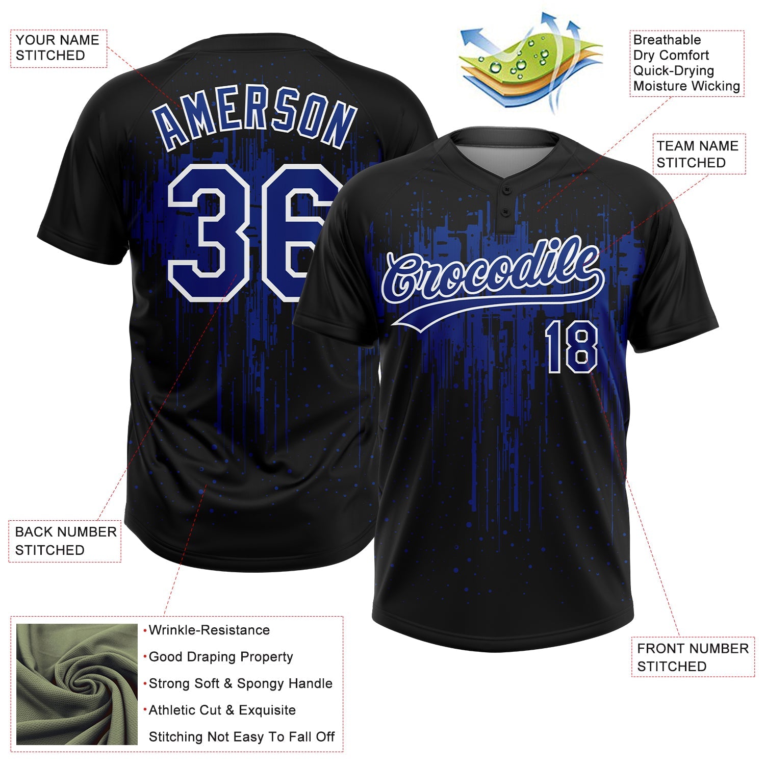 Custom Black Royal-White Dripping Splatter Paint Two-Button Unisex Softball Jersey view 3