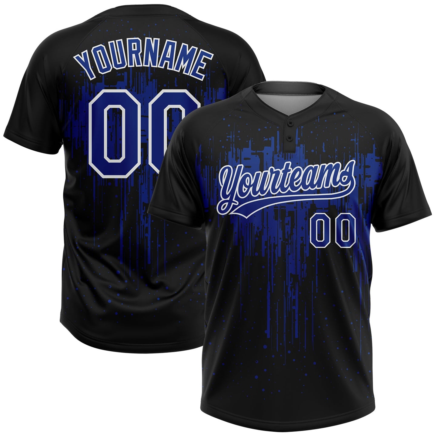 Custom Black Royal-White Dripping Splatter Paint Two-Button Unisex Softball Jersey - Main View