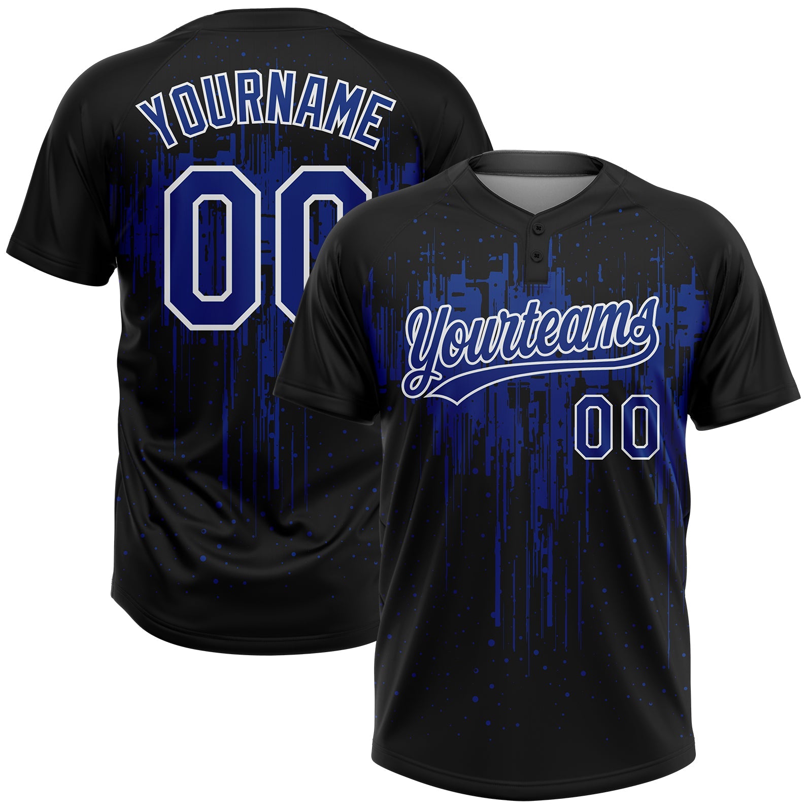 Custom Black Royal-White Dripping Splatter Paint Two-Button Unisex Softball Jersey - Main View