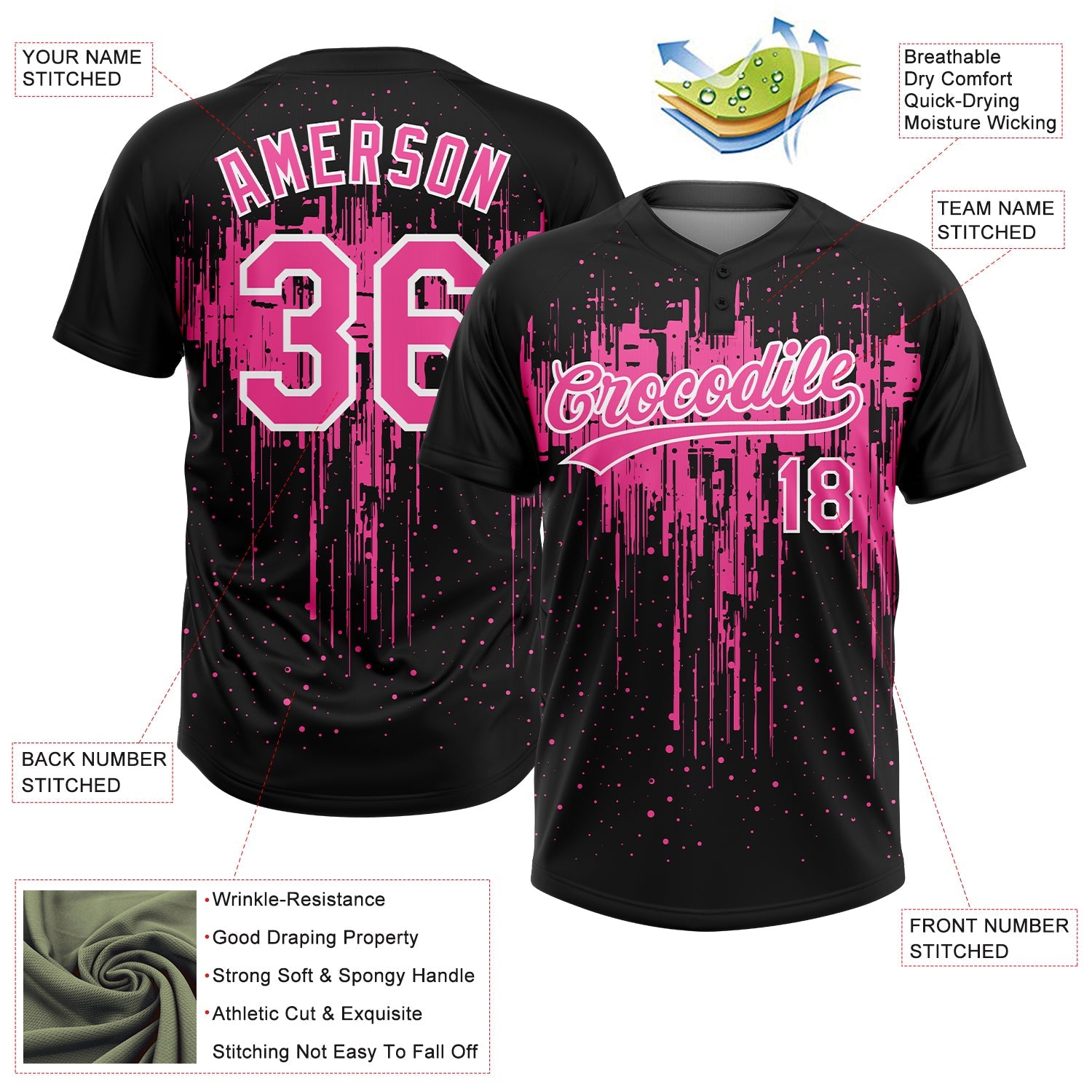 Custom Black Pink-White Dripping Splatter Paint Two-Button Unisex Softball Jersey view 3