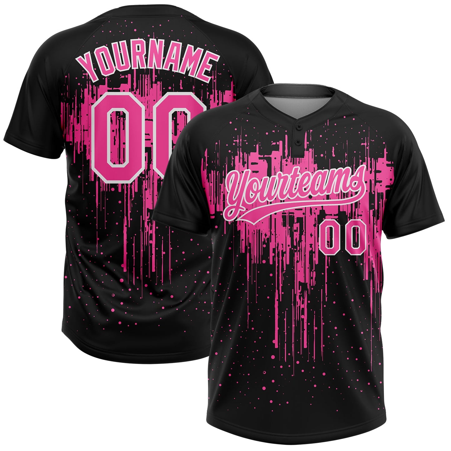 Custom Black Pink-White Dripping Splatter Paint Two-Button Unisex Softball Jersey - Main View