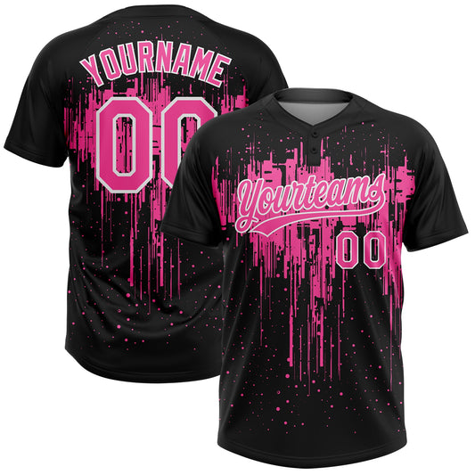 Custom Black Pink-White Dripping Splatter Paint Two-Button Unisex Softball Jersey - Main View