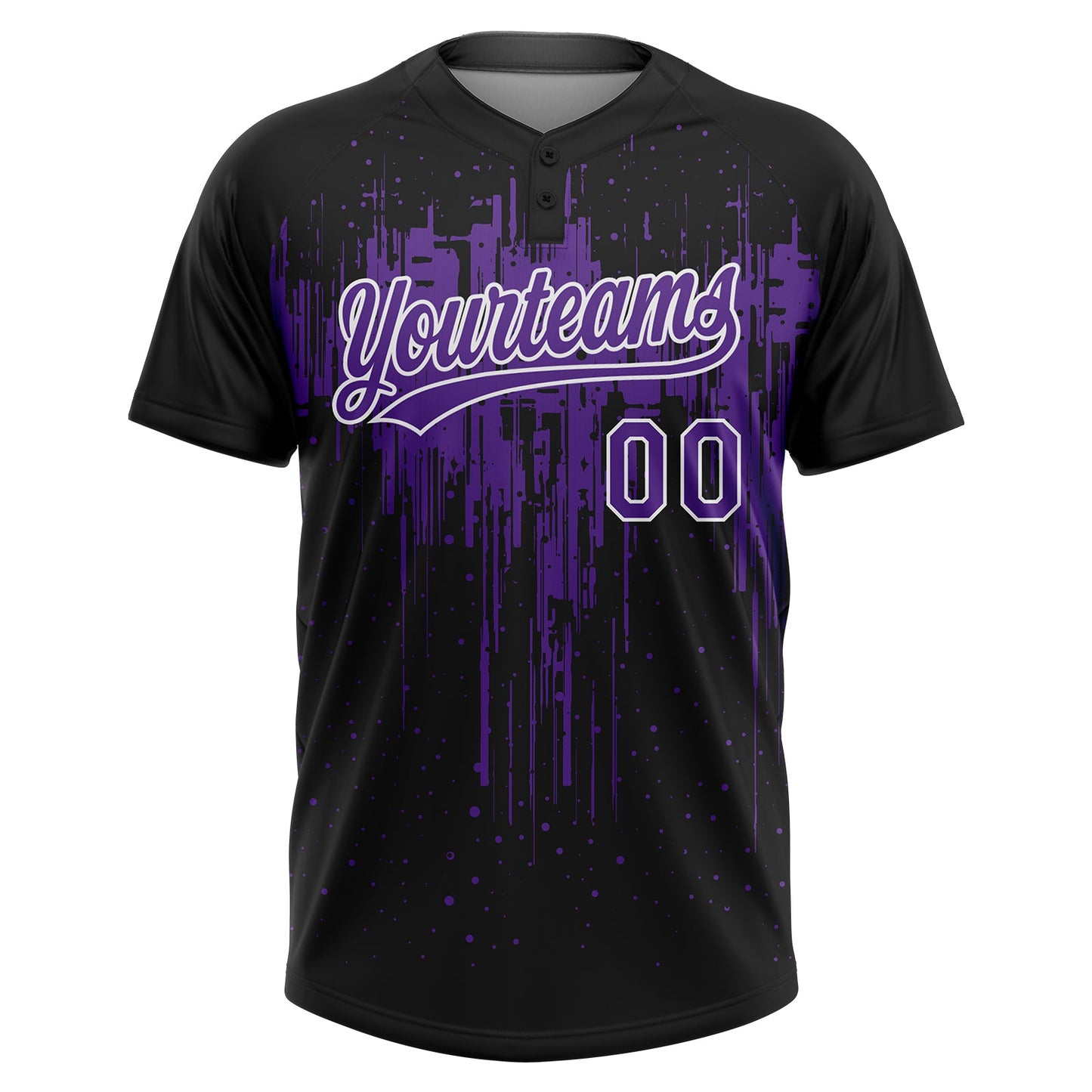 Custom Black Purple-White Dripping Splatter Paint Two-Button Unisex Softball Jersey view 2