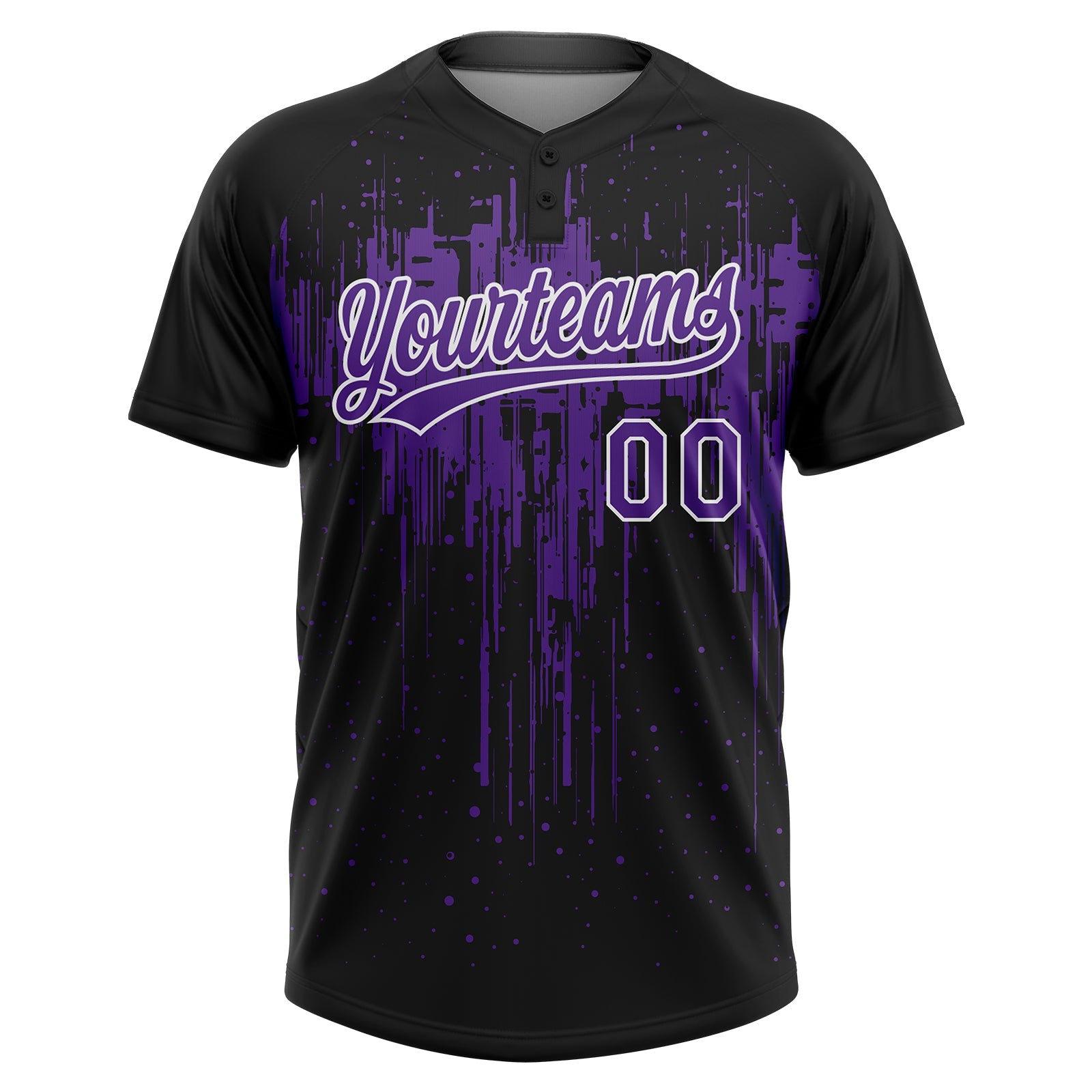 Custom Black Purple-White Dripping Splatter Paint Two-Button Unisex Softball Jersey view 2
