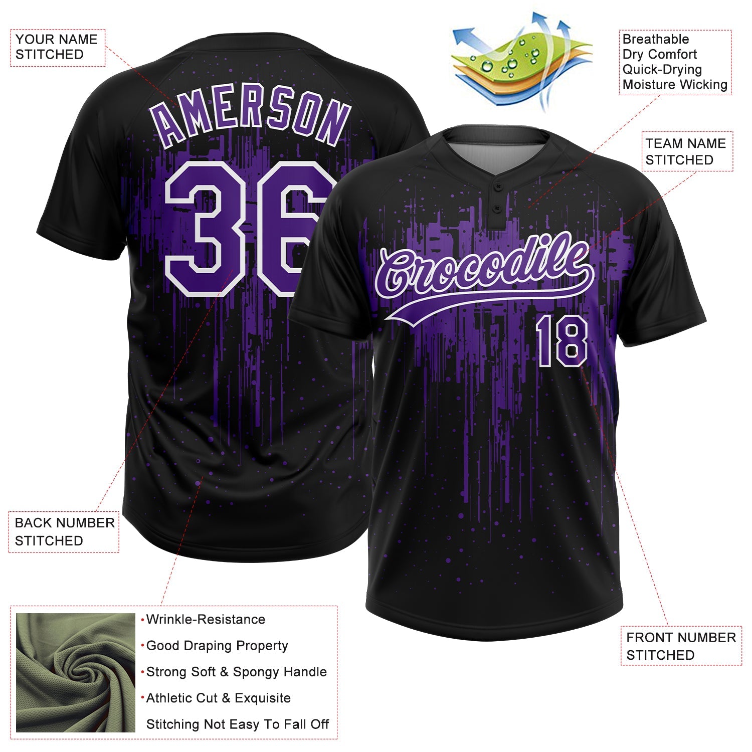 Custom Black Purple-White Dripping Splatter Paint Two-Button Unisex Softball Jersey view 3