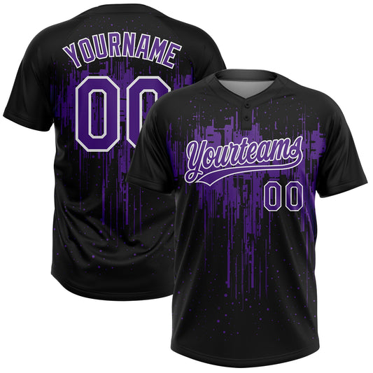 Custom Black Purple-White Dripping Splatter Paint Two-Button Unisex Softball Jersey - Main View