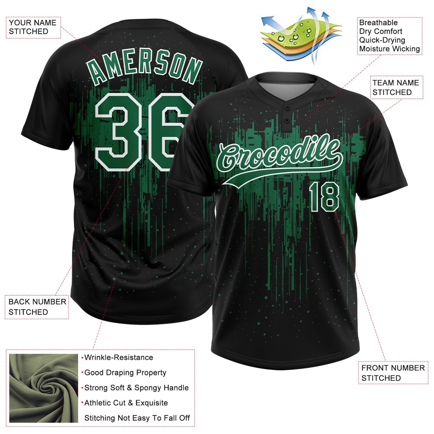 Custom Black Kelly Green-White Dripping Splatter Paint Two-Button Unisex Softball Jersey view 3