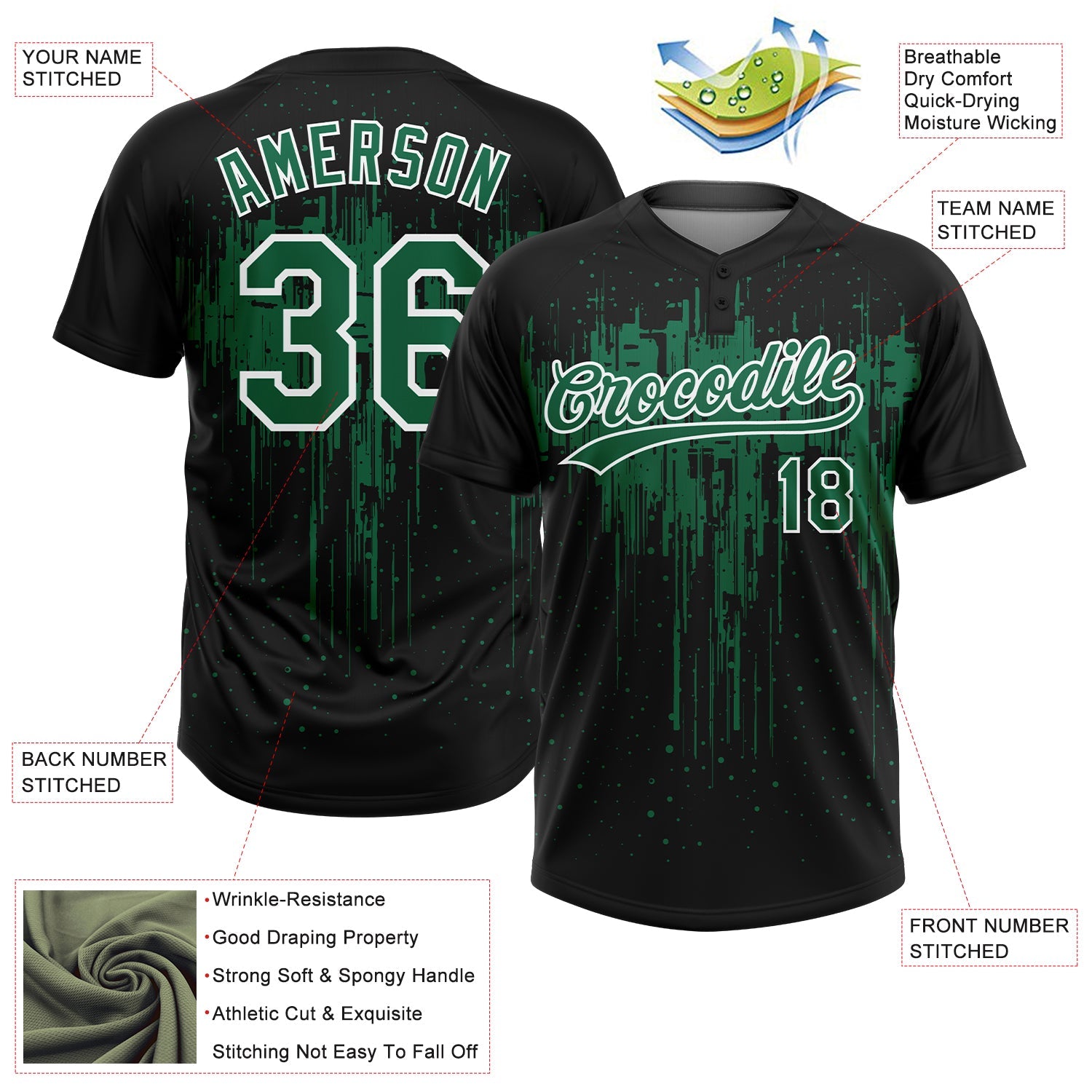 Custom Black Kelly Green-White Dripping Splatter Paint Two-Button Unisex Softball Jersey view 3