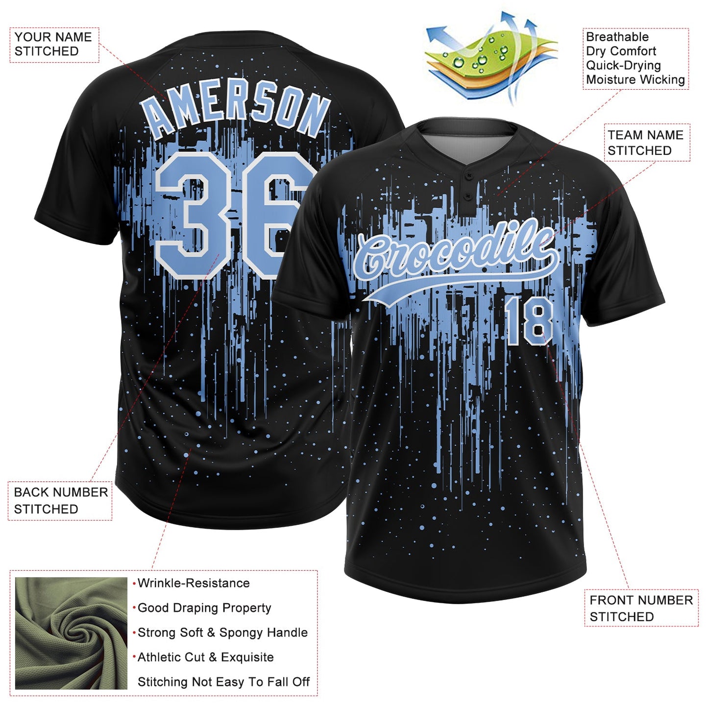 Custom Black Light Blue-White Dripping Splatter Paint Two-Button Unisex Softball Jersey view 3